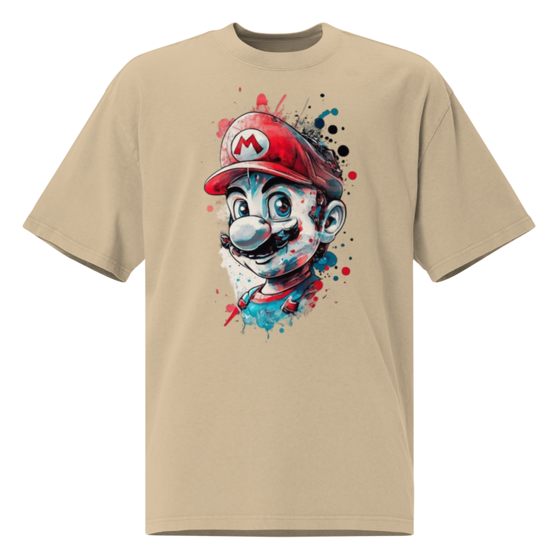 oversize faded t shirt khaki color super mario front closeup