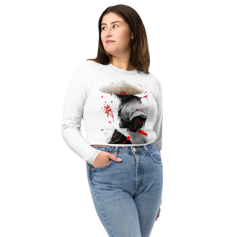  Front view of recycled long-sleeve crop top with Battle-Ready Ninja print.