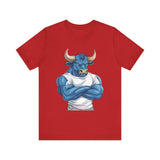 Front view of unisex jersey short sleeve tee with a muscular blue bull print.