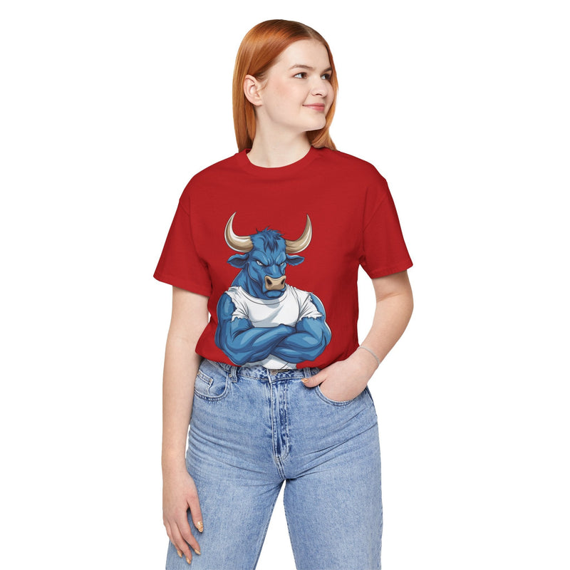 Front view of unisex jersey short sleeve tee with a muscular blue bull print.