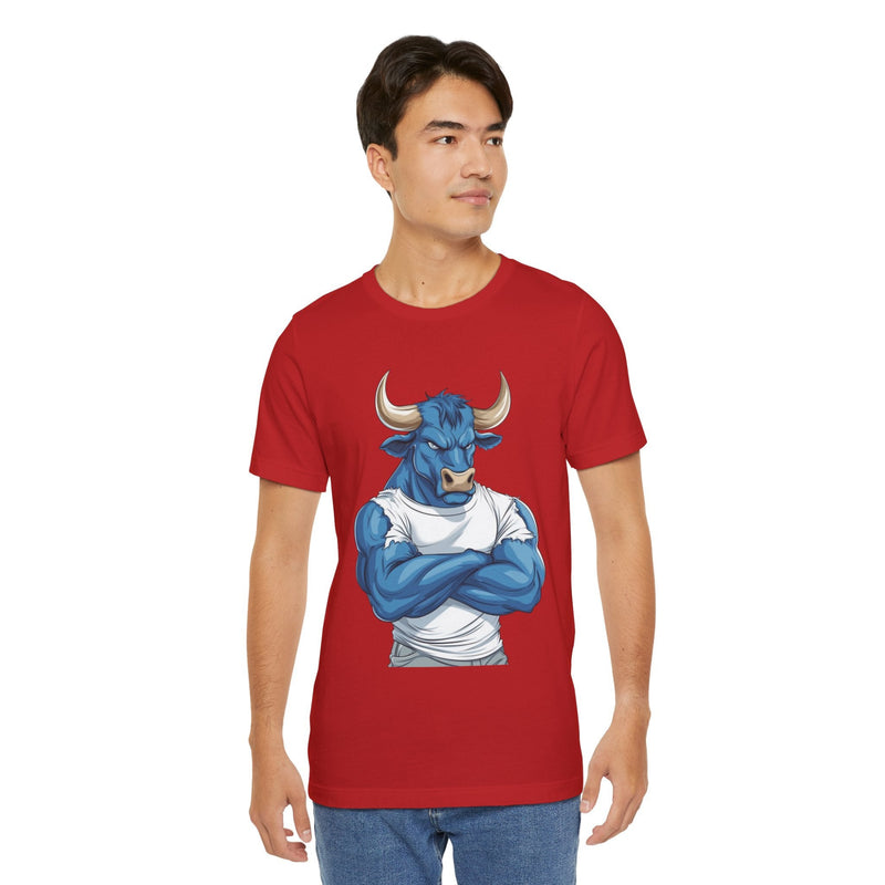 Front view of unisex jersey short sleeve tee with a muscular blue bull print.