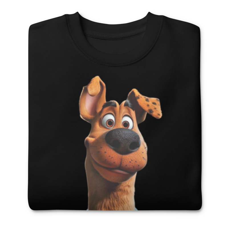 Close-up of Scooby-Doo graphic print on fleece sweatshirt with ribbed collar and cuff