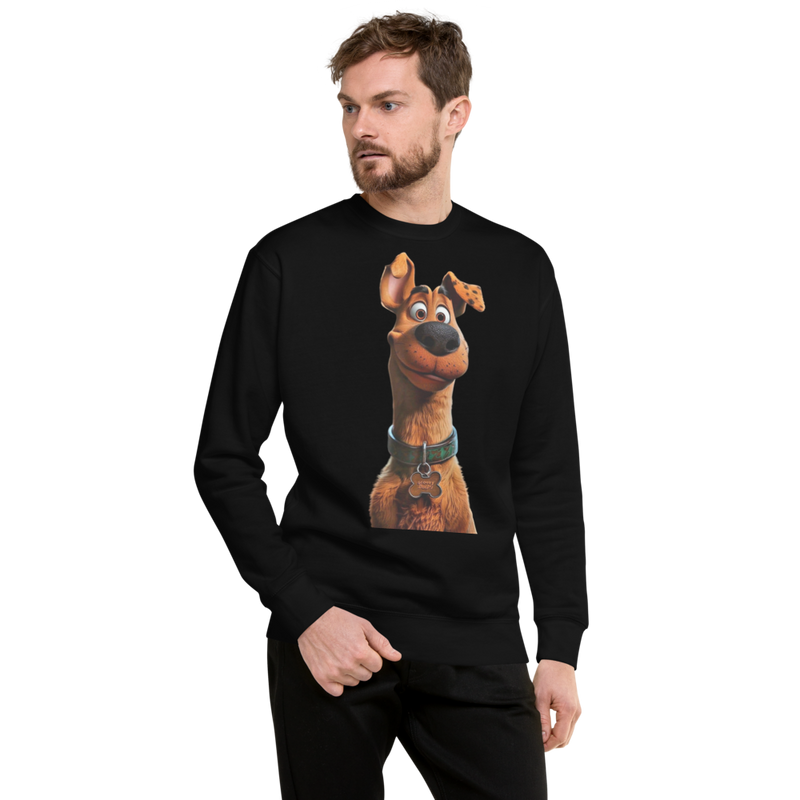  Close-up of Scooby-Doo graphic print on fleece sweatshirt with ribbed collar and cuffs.