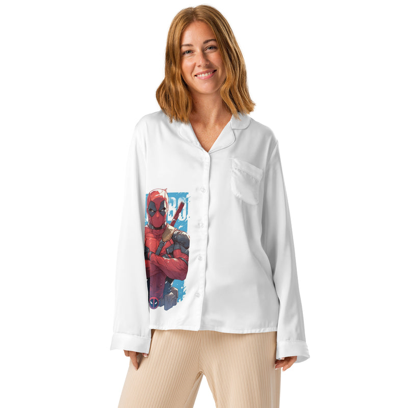 Women’s long sleeve pajama top featuring a Deadpool art print on the front