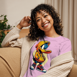 Close-up of Daffy Duck graphic on a women's relaxed-fit t-shirt, printed on soft fabric.